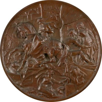 null Grand médaillon en bronze à patine brune représentant Salammbô ; signé A. Lanson...