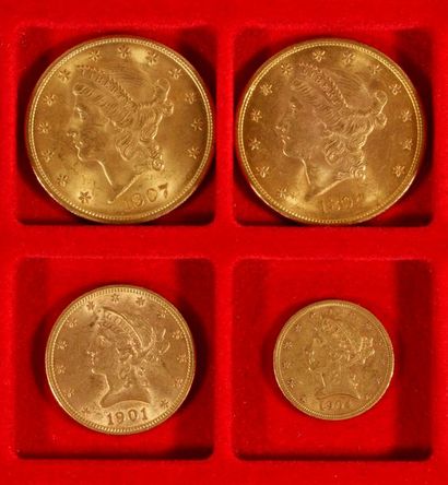null Lot de 4 pièces en or, américaines:
- 2 pièces de 20 Dollars en or. Type Liberty....