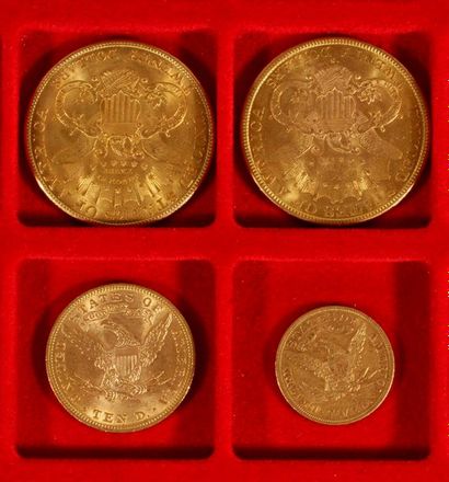 null Lot de 4 pièces en or, américaines:
- 2 pièces de 20 Dollars en or. Type Liberty....