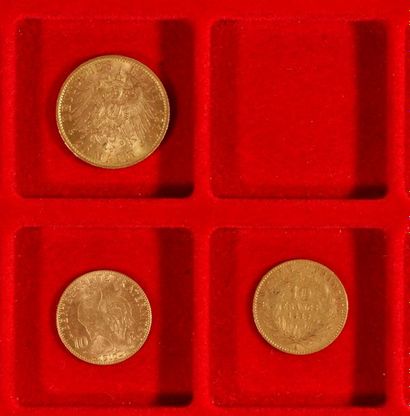 null Lot de 3 pièces en or:
- 1 pièce de 20 Reich Mark en or. Type Guillaume II....