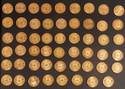 null Lot de 61 pièces de 20 Francs Suisse en or, dans un sachet numéroté 2017007:
Type...