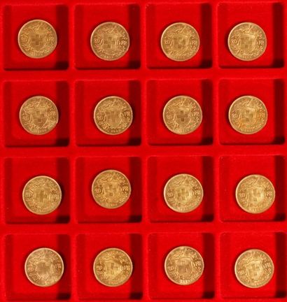 null Lot de 61 pièces de 20 Francs Suisse en or, dans un sachet numéroté 2017007:
Type...