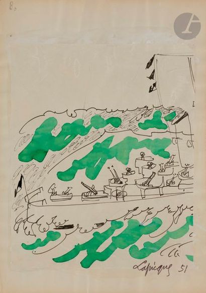 null Charles LAPICQUE (1898-1988)
Navire militaire, 1951
Encre et aquarelle.
Signée...