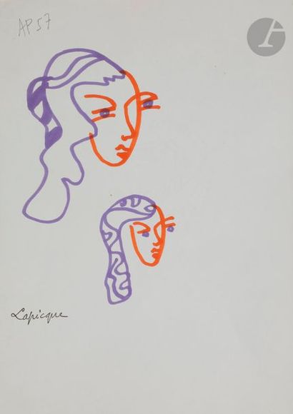 null Charles LAPICQUE (1898-1988)
Tête - Deux têtes de femme avec foulard
2 feutres...