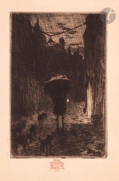 null Félix Buhot (1847-1898) 
Rain and umbrella. Etching. 80 x 120. Bourcard-Goodfriend...