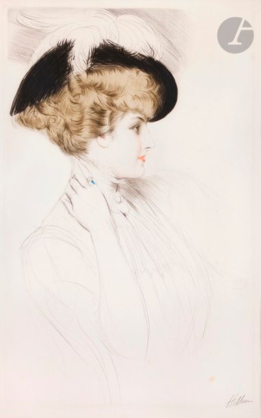 null Paul-César Helleu (1859-1927) 
Élégante de profil en chapeau à plume. Vers 1900....