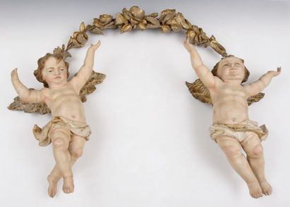 null PAIRE D'ANGELOTS Style XVIIIème SIècle

Bois sculpté repolychromé

H. 50 cm

(trous...