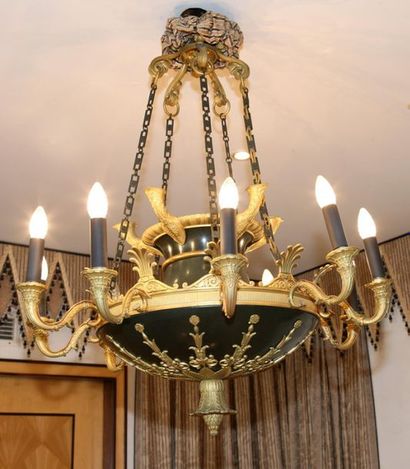 null LUSTRE à neuf lumières en forme de lampe antique 

Style Empire 

Bronze doré...
