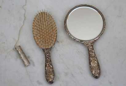 null BRUSH AND HAND MIRROR 

England Style 19th Century 

Silver Frame 800 Thousandths...