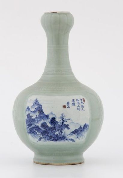 null CHINA - Republic Period

BOTTLE VASE in green celadon porcelain with white-blue...