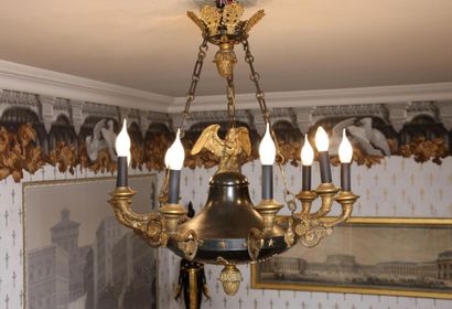 null GRAND LUSTRE à neuf lumières en forme de lampe antique 

Style Empire 

Bronze...
