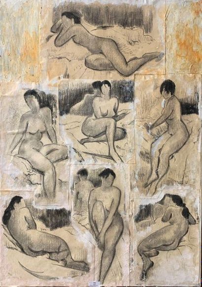 Henri-André MARTIN (1918-2004) Sept nus - 1996 Fusain ou pierre noire sur papier...