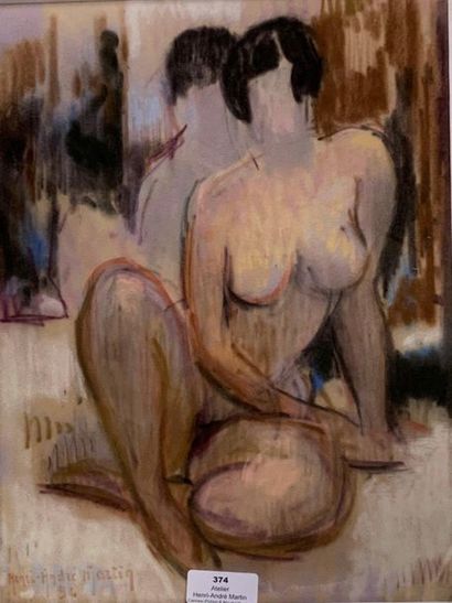 Henri-André MARTIN (1918-2004) Nu brun assis de face - 1994 Pastel sur papier teinté...