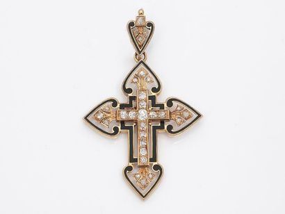 null Pendant in 750 thousandths gold, holding a cross adorned with antique cut diamonds...