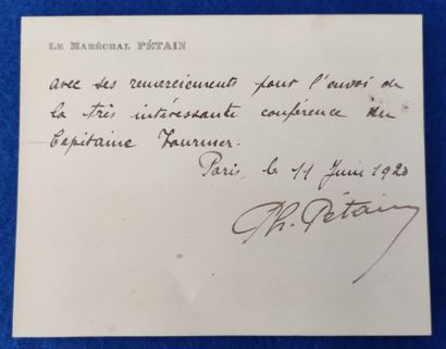 null 
PETAIN (Philippe) (1856-1951)




AUTOGRAPHIC CARD SIGNED to Captain Michel...