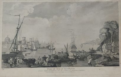 null GRAVURE EN NOIR titrée "port de mer en Hollande" d'après Fontaine d'Epoque XVIIIème...