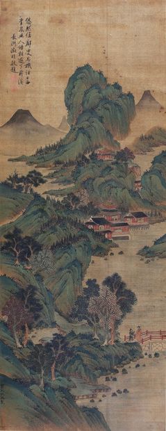 null CHINE Fin du XIXème siècle 

Paysage montagneux avec personnages et pagodes...