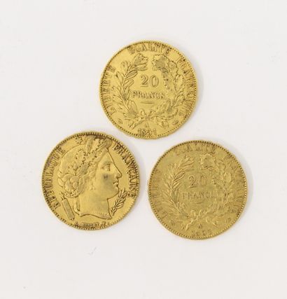 null 
3 pièces de 20 Francs Français or Cérès 1851




P. 19,2 g




(Etat d'usage)



Enchères...