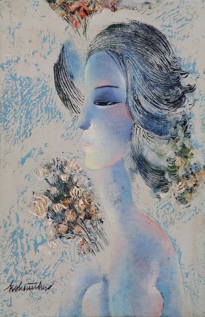 HO HUU THU (1942) 
Profil de femme aux fleurs...