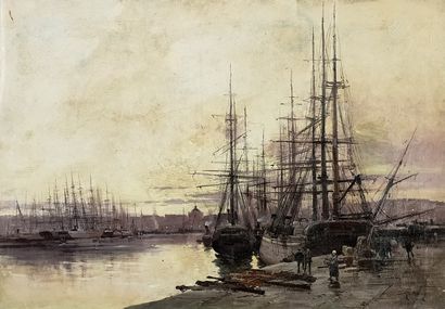  Eugène GALIEN-LALOUE (1854-1941) 
Le port de Bordeaux le soir 
Huile sur toile 
Signe...