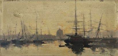 null Eugène GALIEN-LALOUE (1854-1941)


Vue d'un port


Huile sur panneau


Signée...