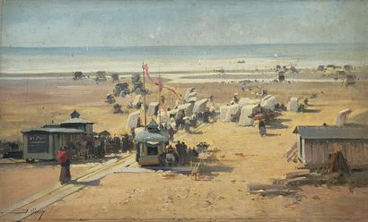  Eugène GALIEN-LALOUE (1854-1941) 
Plage en Normandie 
Huile sur toile 
Signée J....
