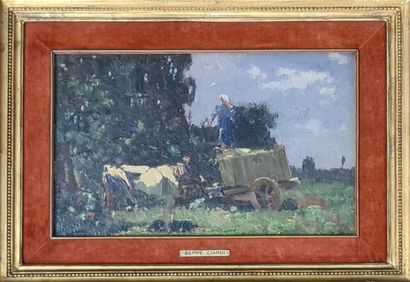 null Beppe CIARDI (1875-1932)

Paysanne sur une charette et vache en bord de forêt

HUILE...