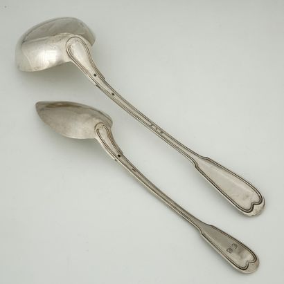 A RAGOUT SPOON AND LOUCHE in silver Minerva...