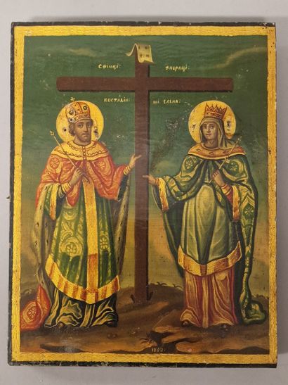 null ICON with Saint Constantine and Saint Elena around the true Cross 

Tempera...