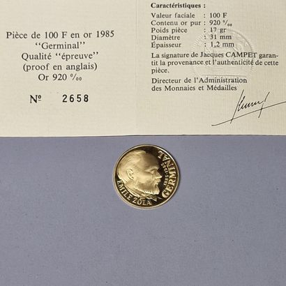 null 1 PIECE OF 100 FRANCS GOLD 1985 Germinal 920 Millièmes

Published by La Monnaie...