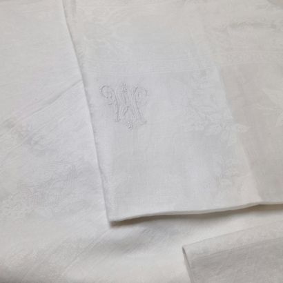 null NAPPE RECTANGULAIRE en damassé de coton blanc de la Fin du XIXème Siècle à décor...