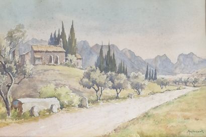 null Pierre MANDONNET (1891-1970)
Chapelle au bord d'une route provençale
AQUARELLE...