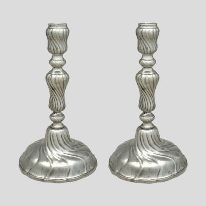 null PAIR OF TABLE CANDLES in pewter XVIII-XIXth Century with decoration of twisted...