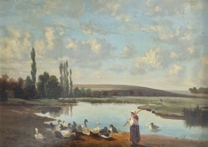 null E. CHARLEMONT (XIX-XXth Centuries)
The goose keeper
OIL ON CARDBOARD
Signed...