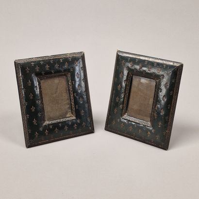 null Pair of Early 20th Century gilt and stamped leather easel photo frames with...