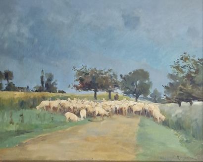null Fernand QUIGNON (1854-1941)
The herd on the road
OIL ON PANEL
Signed lower right
33...