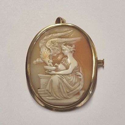 null Fin du XIXème Siècle CAMEE COQUILLE PENDENTIF / BRUSH depicting Hebe watering...