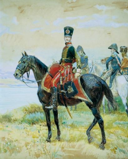 Alphonse Lalauze (XIXème - XXème siècle) "Militaire à cheval " Gouache et aquarelle...
