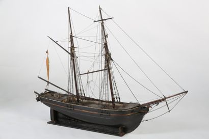 null MAQUETTE - Bateau de commerce deux mâts sous gréement dormant ; en bois noirci...