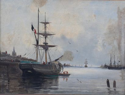 null TABLEAU - LAMBERT, fin XIXe-début XXe siècles. 

Port à marée basse, voilier...