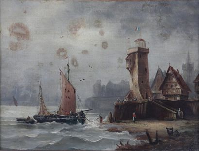 null TABLEAU - LAMBERT, Fin XIXe-Début XXème siècle 

Bateau de pêche près d'un phare...