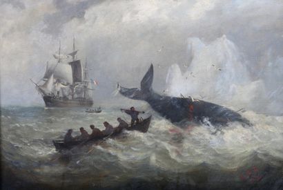 null TABLEAU - ÉCOLE, XIXe siècle. Scène de chasse à la baleine, 1883 - Huile sur...