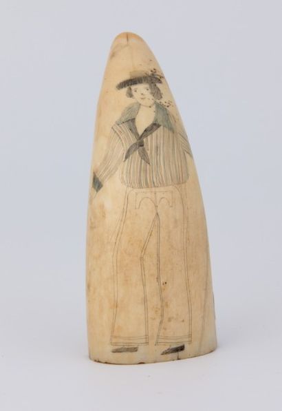 null DENT de CACHALOT ou Scrimshaw, gravée d’un harponneur. XIXème siècle - Haut....