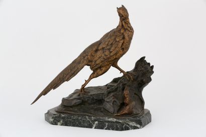 null Jules MOIGNIEZ (1835-1894) - " Faisan et belette " - Bronze à double patine,...