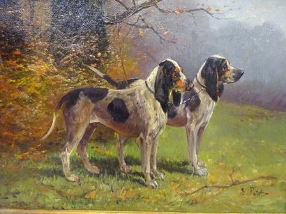 null Eugène PETIT (1839-1886) - Couple de chiens de chasse - Deux huiles sur toiles...