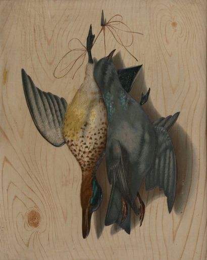null "Sarcelle et pigeon" - Gravure en couleurs - Carton embouti, fond faux bois...