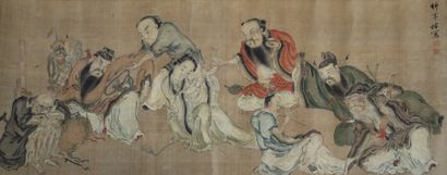 null Chine vers 1900 - Ensemble de deux peintures représentant l'Assemblée des Huit...