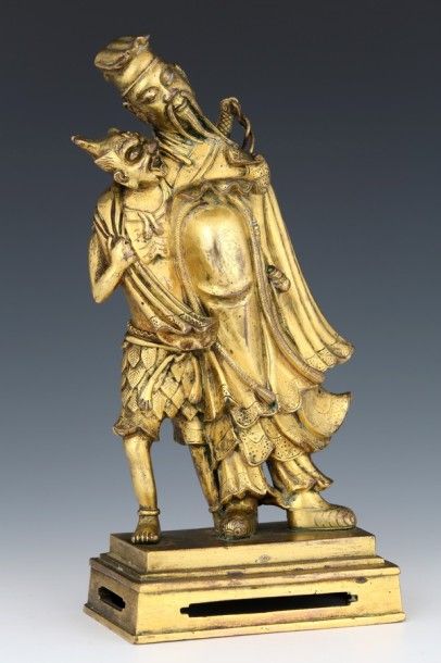 null Chine XVIIème -XVIIIème Siècle - Groupe en bronze doré représentant Zhong Kui...