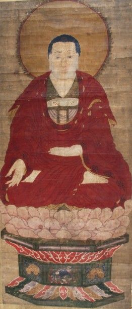 null Japon XVIIIème Siècle - Bouddha en méditation sur lotus présenté sur un socle...