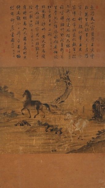 null 94/ Chine - Cavalier et chevaux - Encre et couleur sur soie et papier - calligraphies...